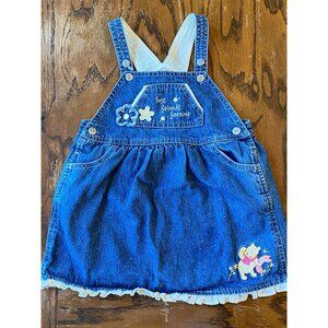Vintage Winnie The Pooh Denim Overall Dress Toddler 3T With Embroidery & Ruffle